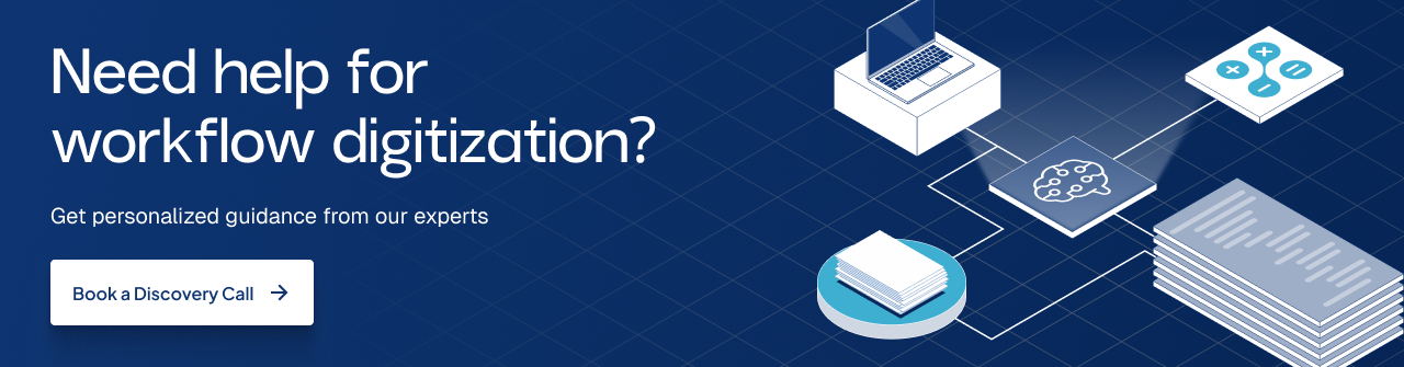Workflow digitization consultation banner featuring connected digital systems, document automation, and expert guidance for business efficiency.